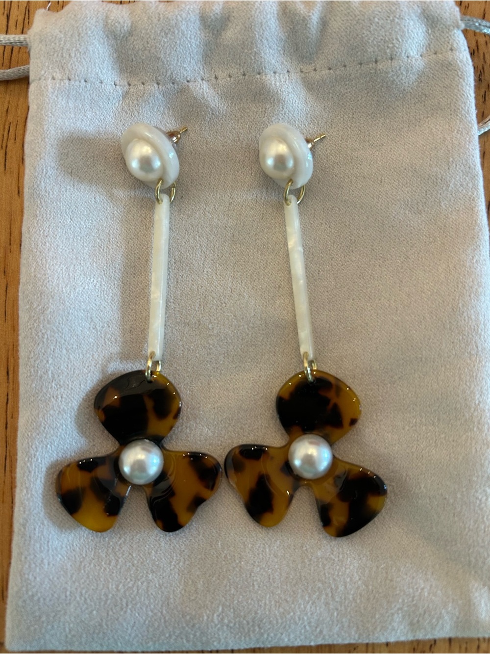 Tortoiseshell Flower Drop Earrings with Pearl Accents